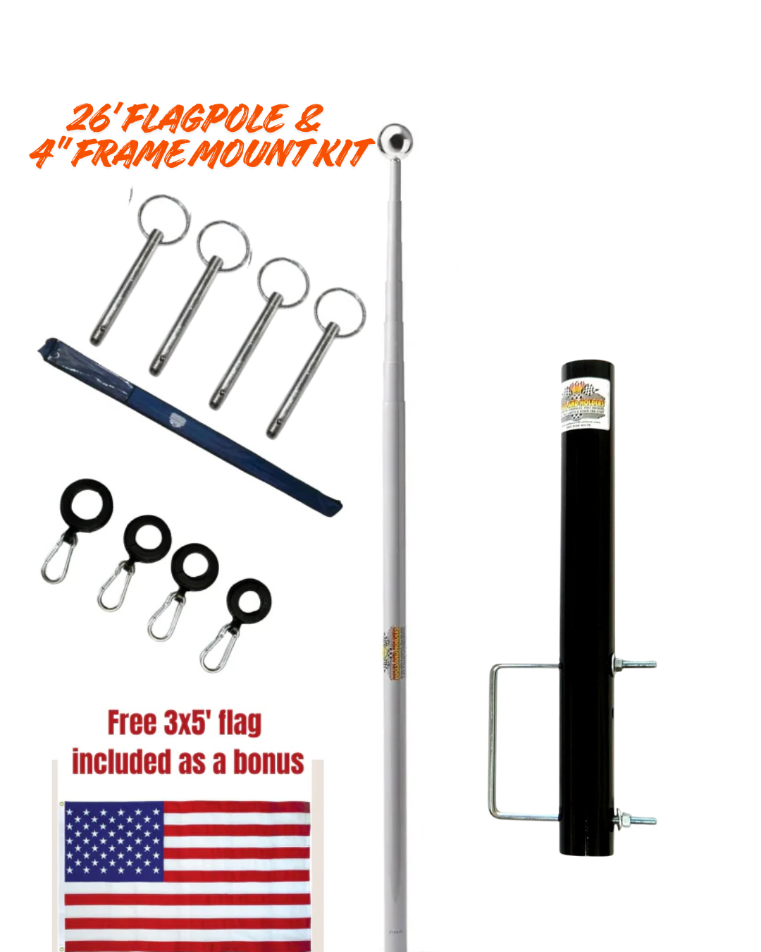 Telescoping Flagpole W/ 4" Bumper Mount Kit