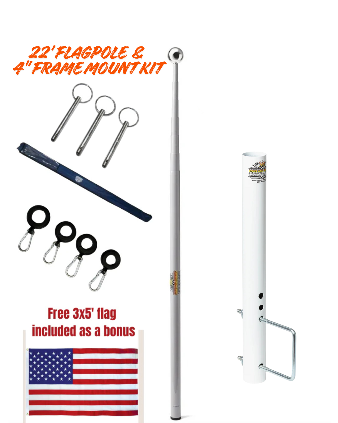 Telescoping Flagpole W/ 4" Bumper Mount Kit