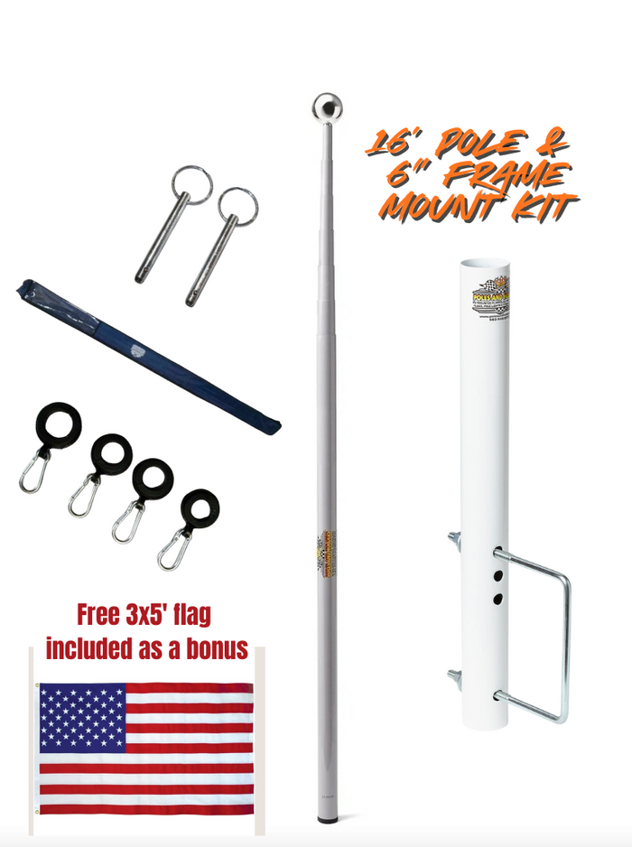Telescopic 16' Fiberglass Flagpole and 6" Frame Mount Kit