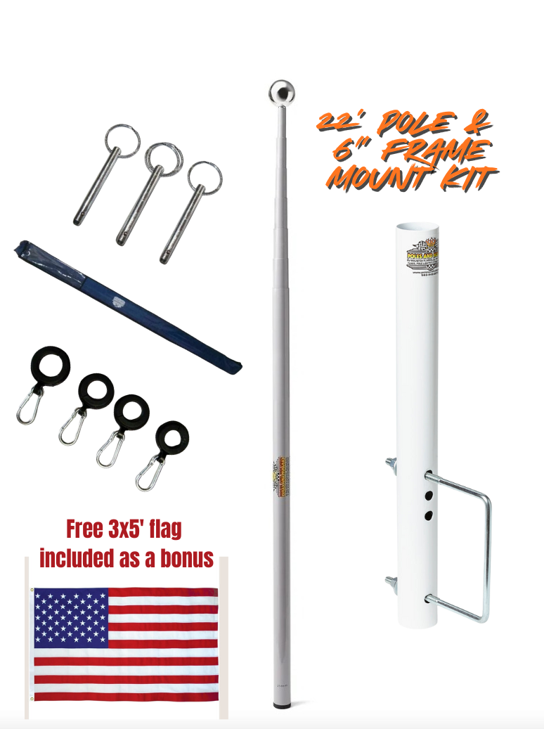 Telescopic 22' Fiberglass Flagpole & 6" Frame Mount Kit