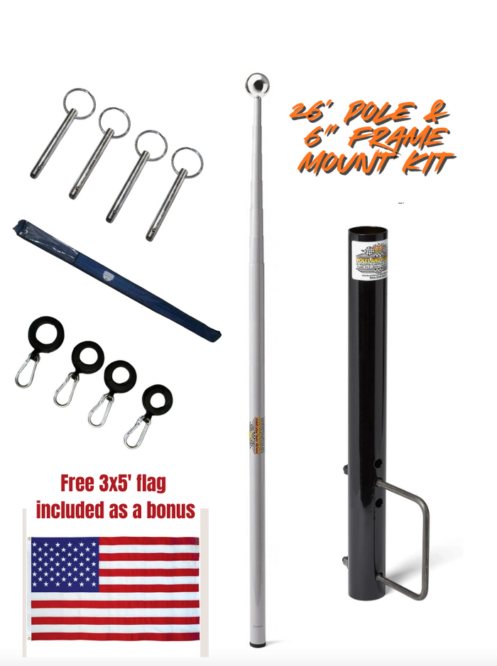 Telescopic 26' Fiberglass Flagpole & 6" Frame Mount Kit