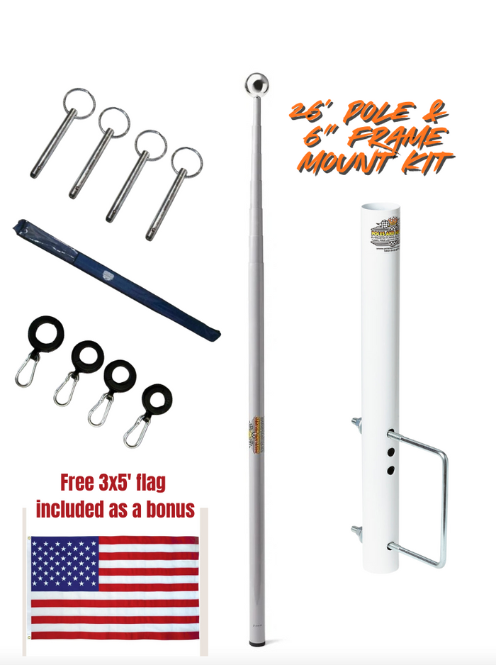 Telescopic 26' Fiberglass Flagpole & 6" Frame Mount Kit