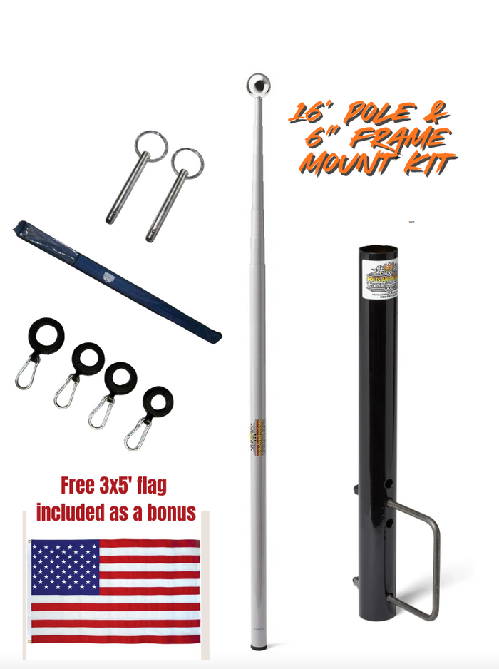 Telescopic 16' Fiberglass Flagpole and 6" Frame Mount Kit